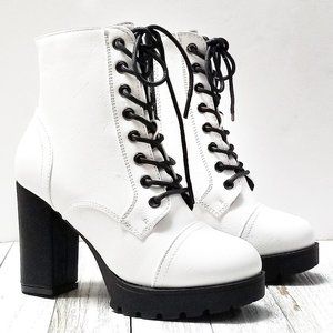 New White Black Lace Up Combat Chunky Heel Boots